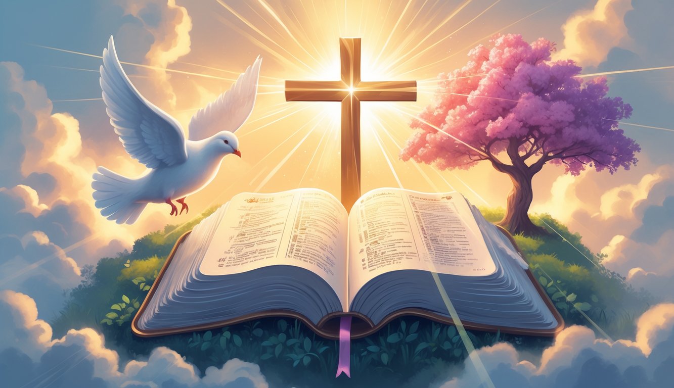 An open Bible glowing softly with a dove, a cross, and a blooming tree around it, set against a peaceful sky with gentle light.