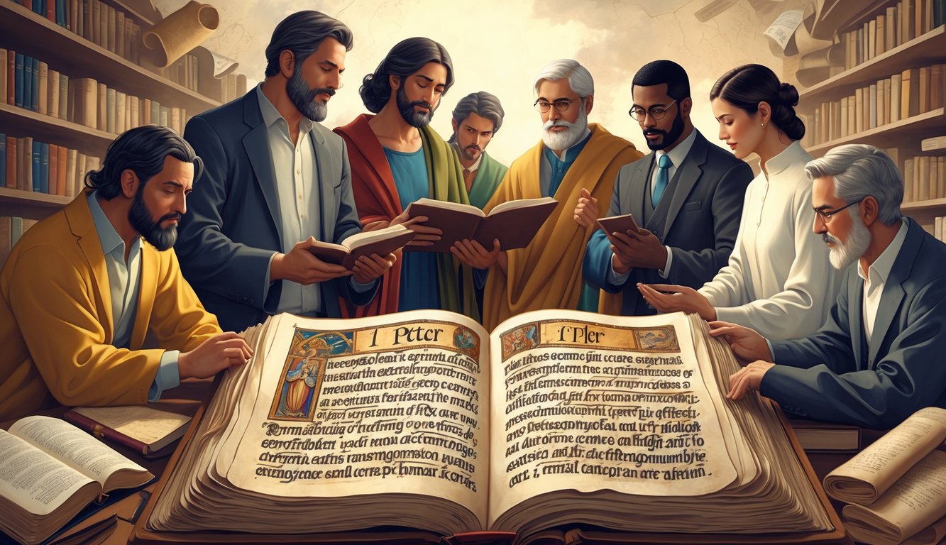 An open ancient manuscript of 1 Peter surrounded by diverse scholars studying and discussing, with a background blending ancient scrolls and modern books.