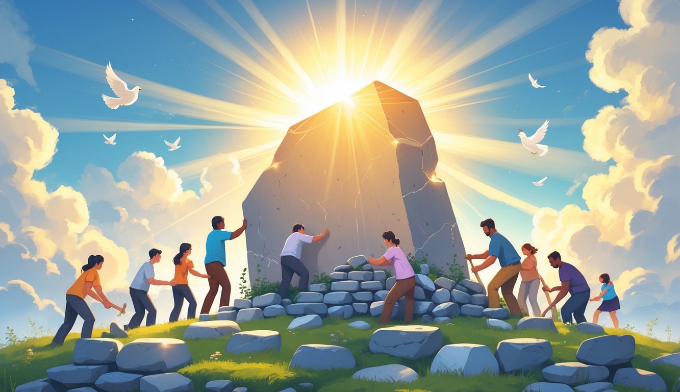 A glowing stone at the center with people of different backgrounds working together to build a large church made of stones under a bright sky with doves flying above.