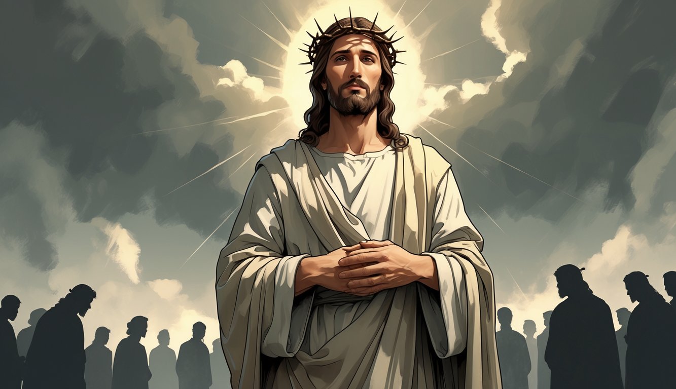 Jesus Christ standing calmly with a crown of thorns and gentle wounds, surrounded by faint figures in a stormy sky with light breaking through clouds, symbolizing suffering and righteousness.