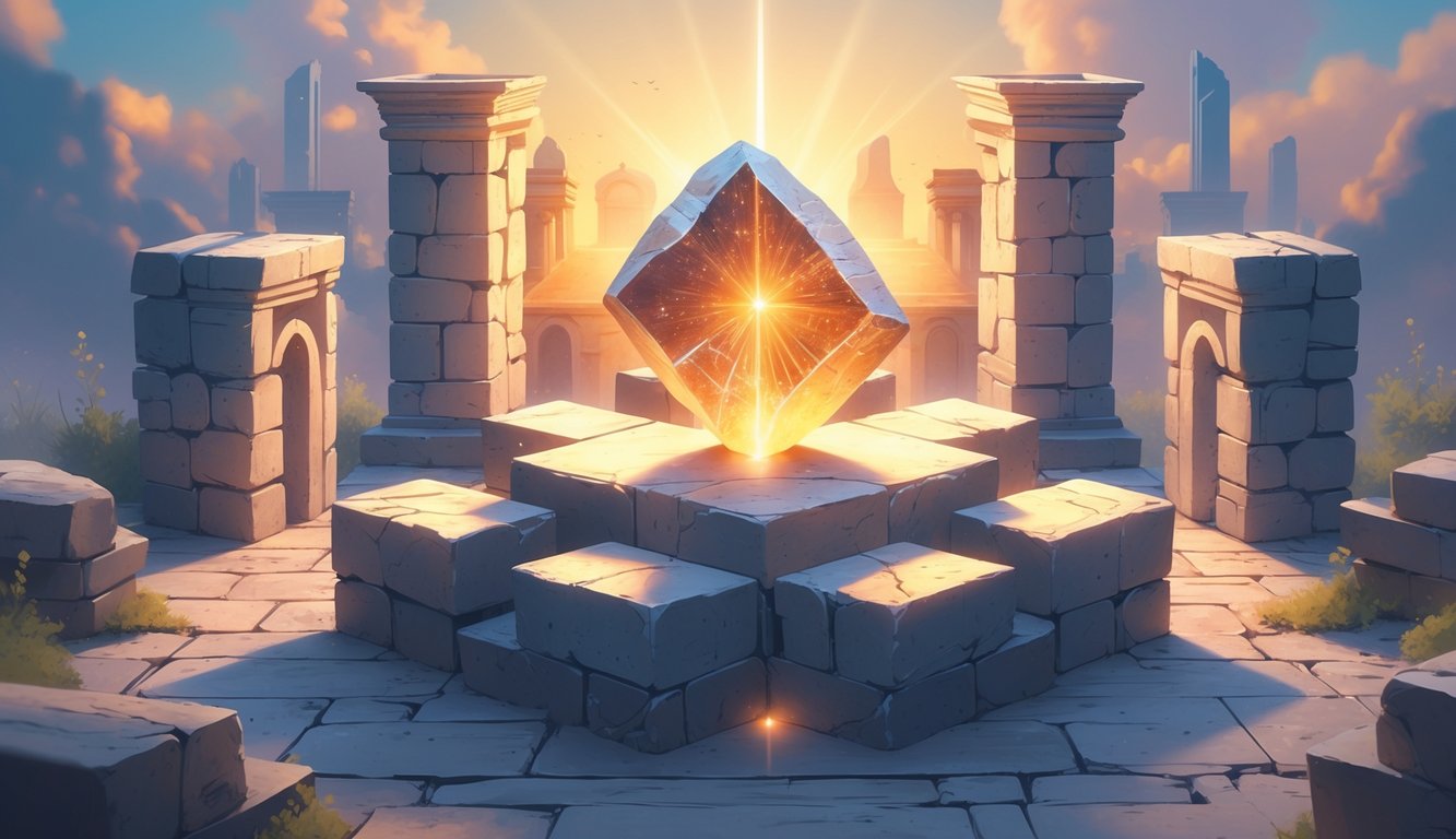 A glowing central stone surrounded by connected stone blocks forming a church building, with faint images of ancient scrolls and temple pillars in the background under a warm, radiant sky.