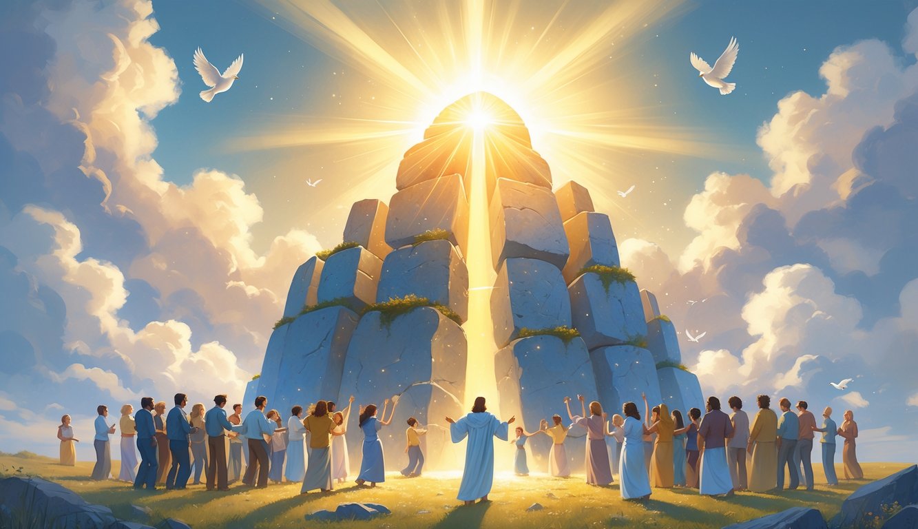 A glowing large stone surrounded by diverse people building a radiant church together under a sky with rays of light and flying doves.
