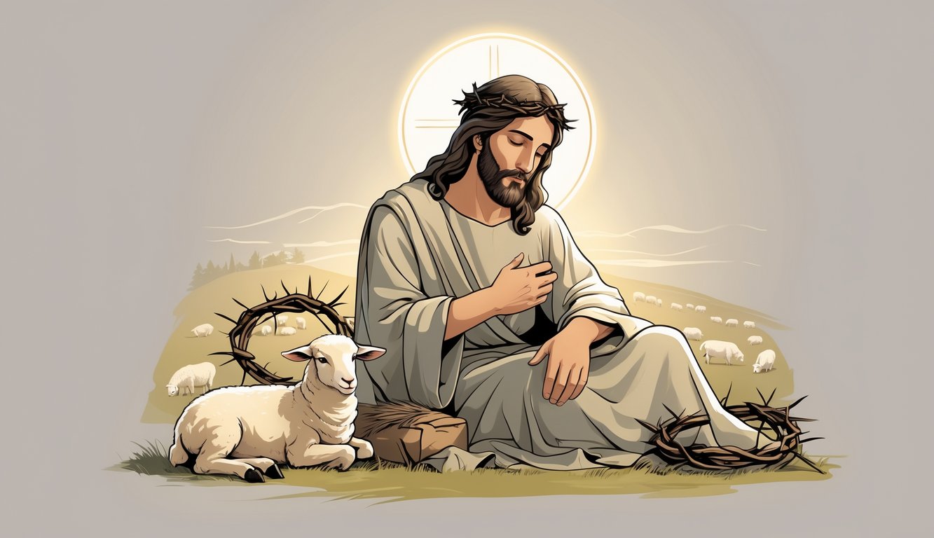 A peaceful scene showing Christ with gentle wounds, a lamb nearby, and sheep grazing in a calm pastoral setting, symbolizing suffering for righteousness.