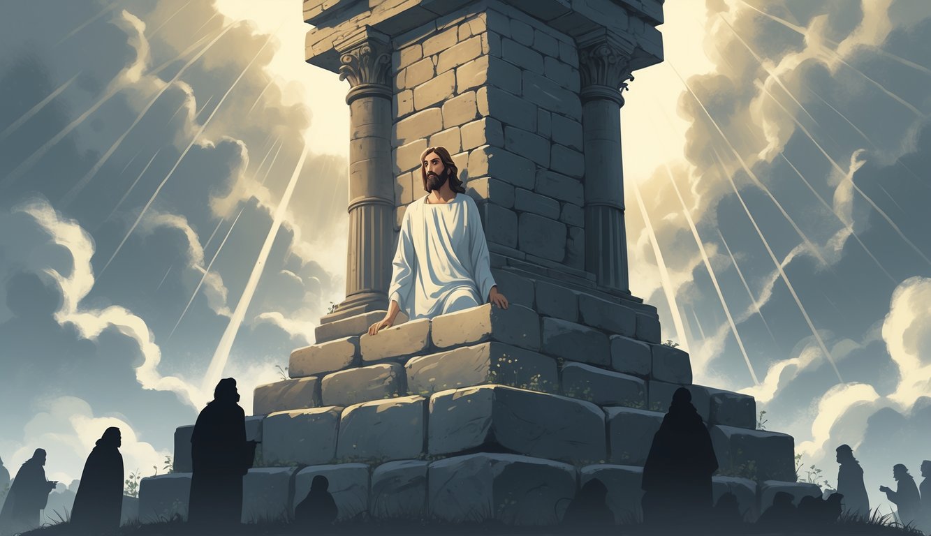 Jesus Christ supporting the foundation of a stone building, surrounded by figures representing suffering and perseverance, with light breaking through clouds in the background.