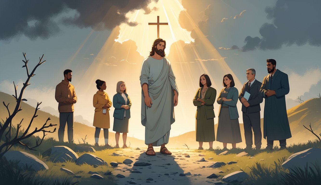 A calm figure representing Christ with wounds stands on a rugged path surrounded by diverse people showing endurance and support, with light breaking through clouds and a distant cross-shaped hill in the background.
