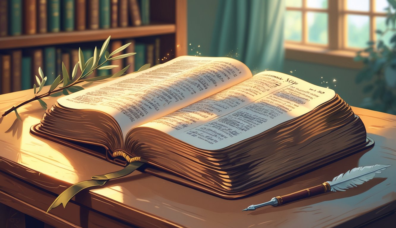 An open Bible on a wooden desk with soft light shining on it, surrounded by a quill pen and an olive branch, set in a quiet library with shelves of books in the background.