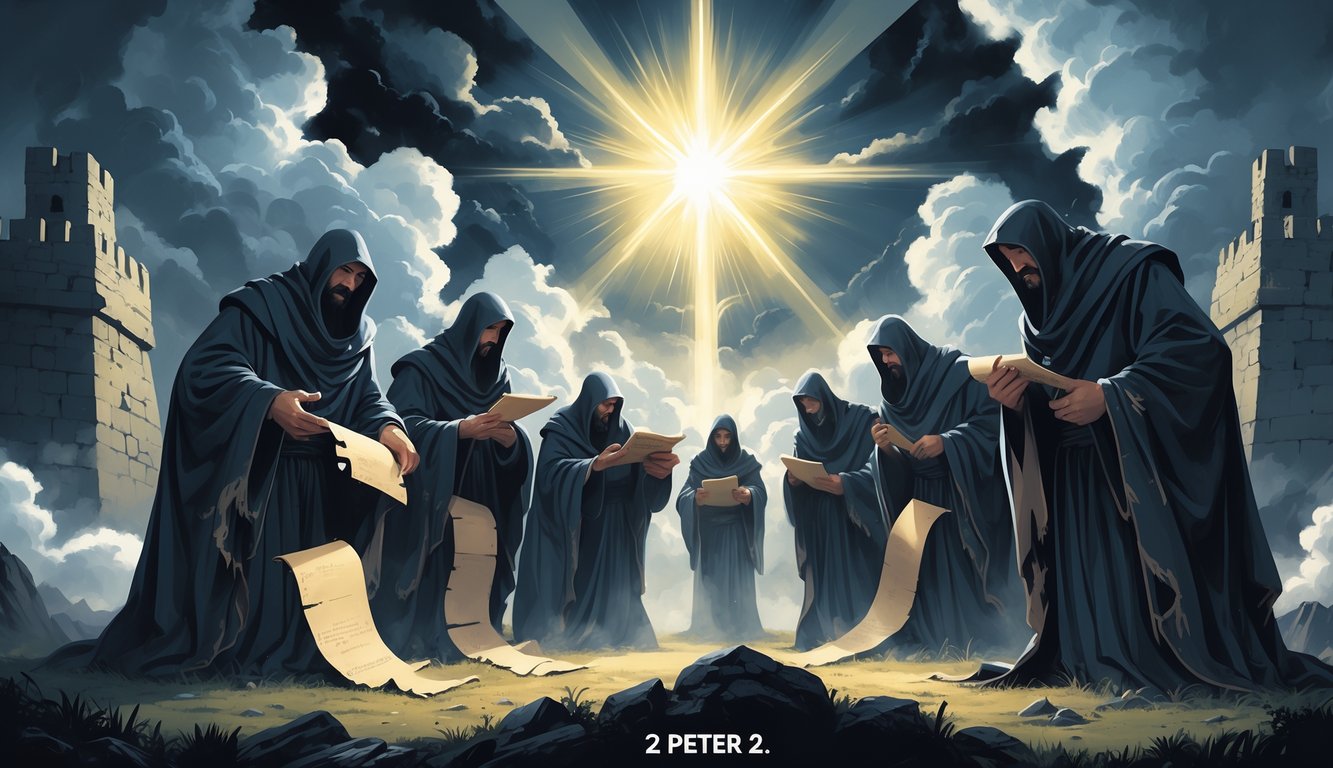A group of deceptive figures in dark robes whispering, with a bright protective light shining above and a contrast between shadowy chaos and a clear, peaceful path.