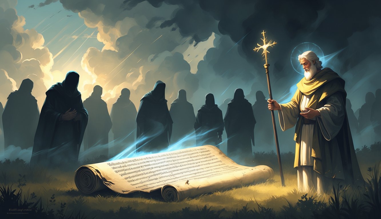 A scene showing an ancient scroll surrounded by shadowy figures representing false teachers, with a radiant apostle figure holding a book nearby, set against a dark, stormy background with beams of light breaking through.