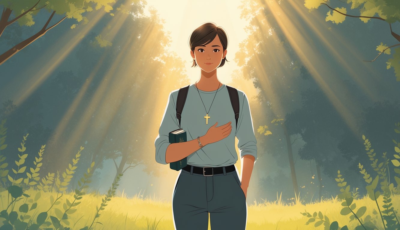 A person standing outdoors with a calm and confident expression, holding a small symbol of faith close to their chest, surrounded by soft sunlight filtering through trees.