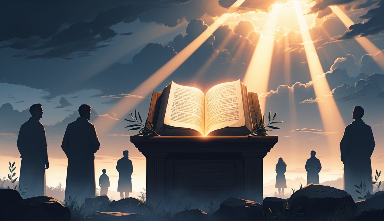 An open ancient scroll on a wooden lectern with light shining on it, people standing quietly in reflection, and a sky transitioning from dark clouds to bright rays of light.