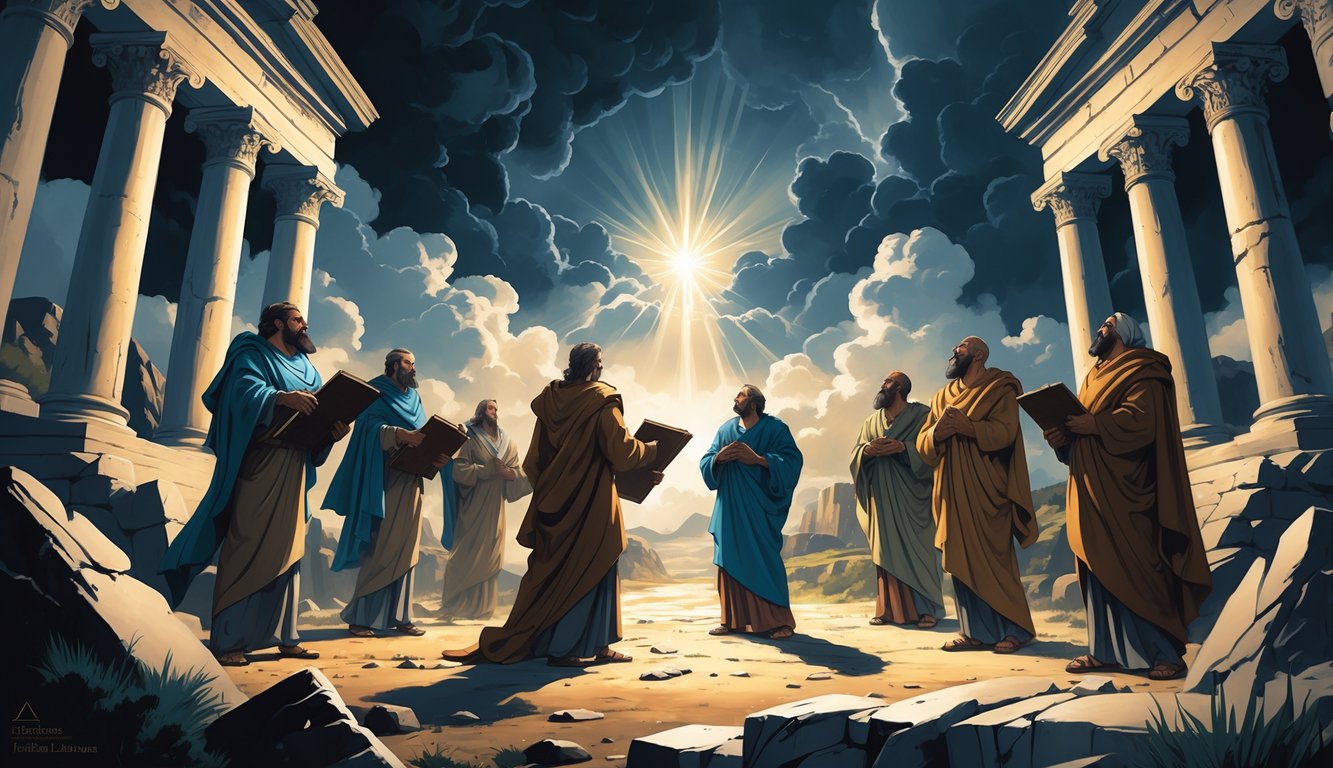 A scene showing righteous figures confronting false teachers who appear distressed, with a bright light breaking through dark clouds in the background symbolizing judgment and protection.