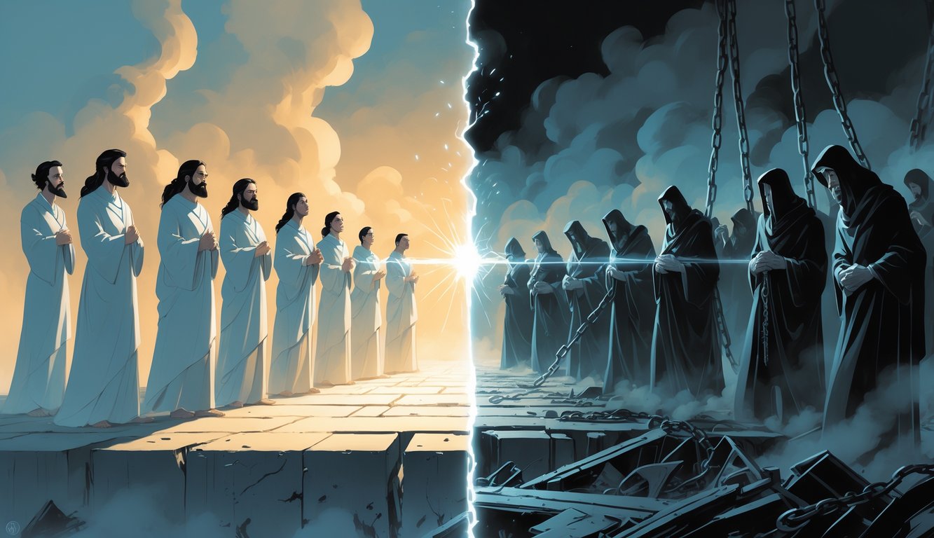 A group of calm, radiant believers stand on a bright foundation facing shadowy, deceitful false teachers in a dark, chaotic setting, separated by a glowing boundary.