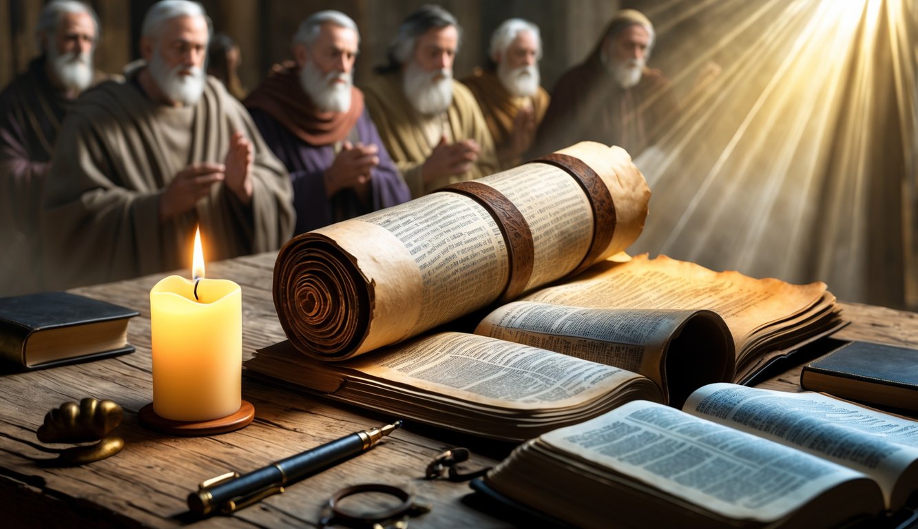 An ancient scroll on a wooden table with a candle, quill, and open Bible, with a faint scene of an elder teaching a group in the background.