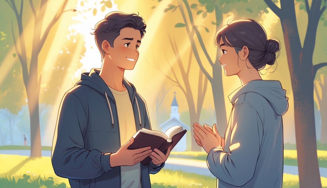 A young adult calmly talking to another person outdoors, holding an open book, with sunlight filtering through trees and a peaceful background.
