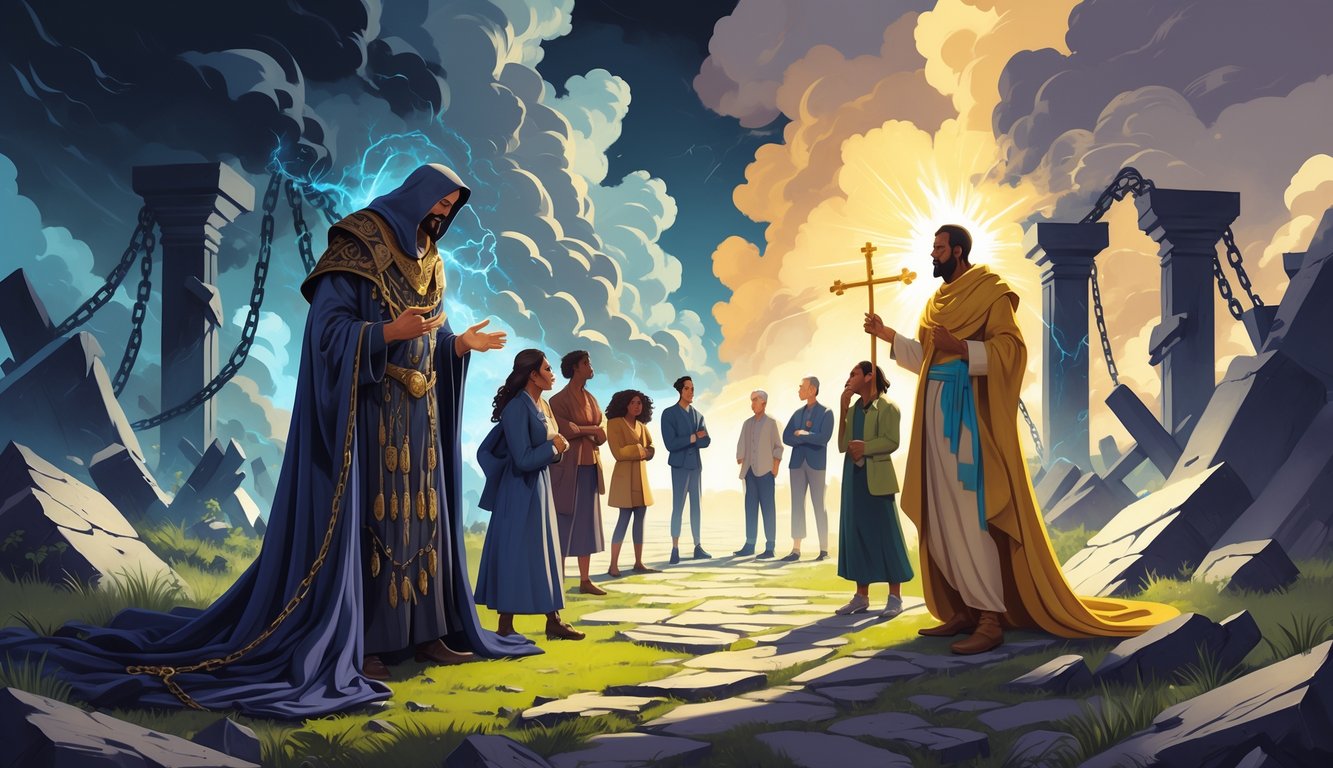 A group of people at a crossroads with a deceptive figure leading some toward darkness and chaos, while a protective figure guides others toward light and safety.
