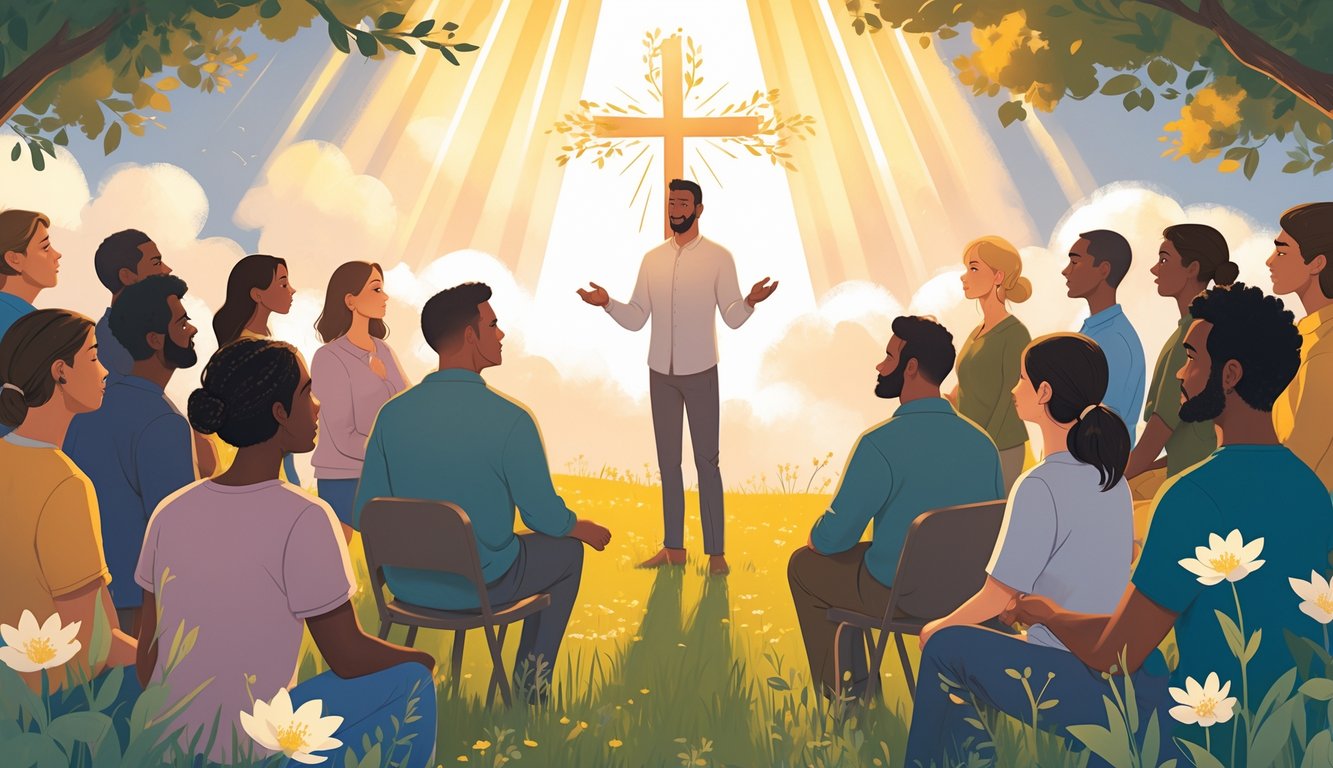 A person calmly speaking to a group of attentive listeners outdoors at sunrise with a glowing cross formed by light in the background.