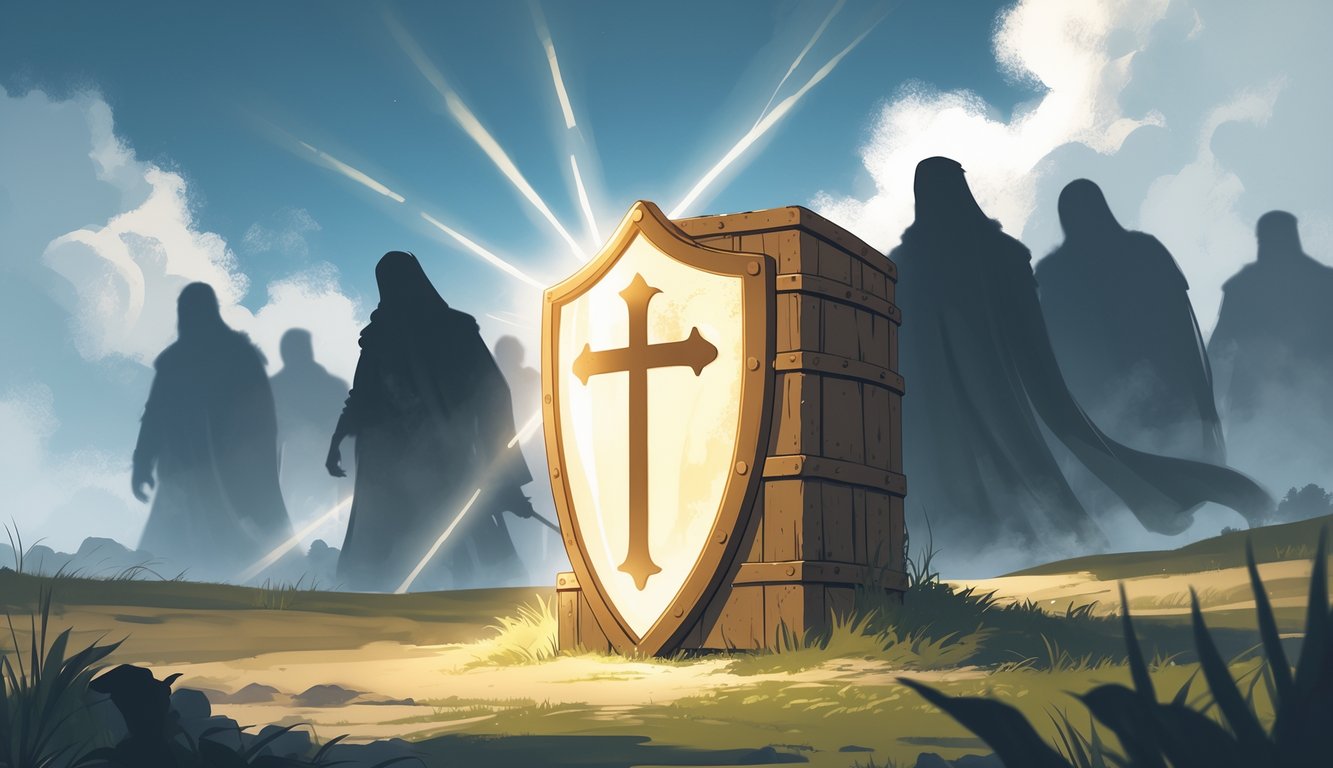 A glowing shield stands in front of shadowy figures in a peaceful landscape with rays of light breaking through clouds.