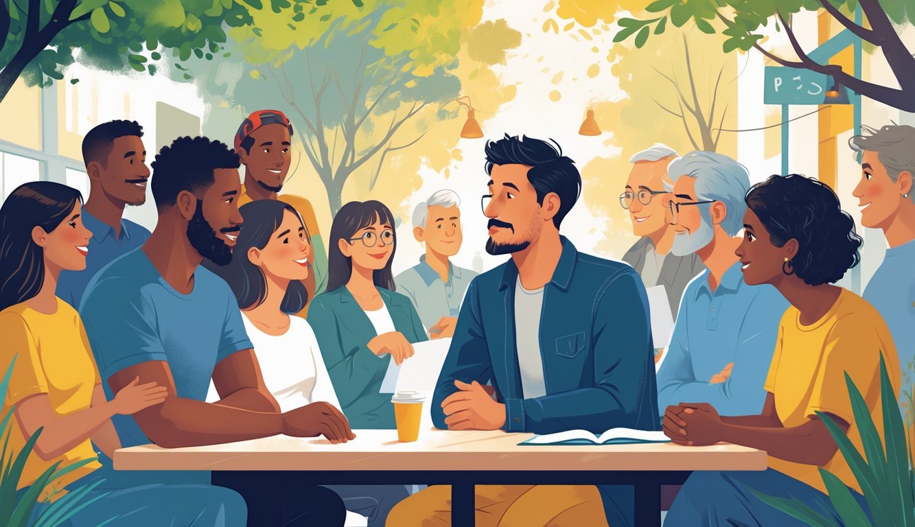 A person calmly explaining their faith to a diverse group of attentive listeners in a peaceful outdoor setting.