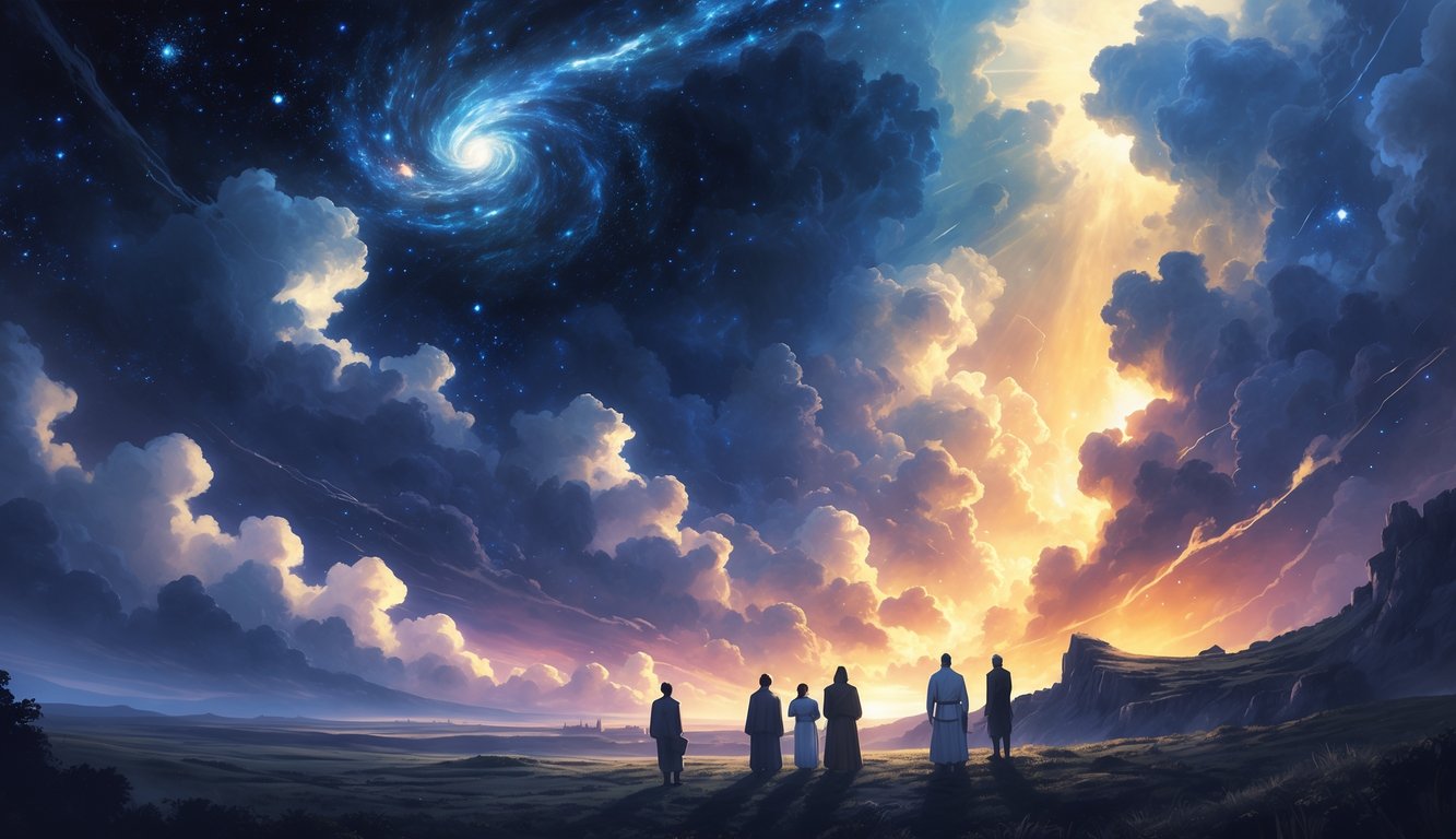 A cosmic sky with stars and galaxies above a group of people looking up as a bright light breaks through dark clouds over a landscape symbolizing judgment and renewal.
