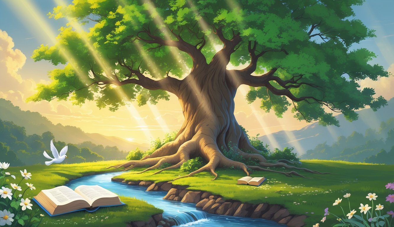 A large tree with deep roots and green leaves stands beside a calm stream, surrounded by flowers and a dove, under a golden sunrise over gentle hills.