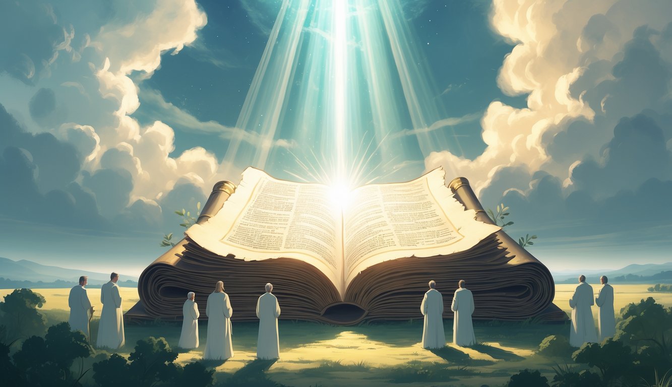 An open ancient scroll glowing with light beneath a heavenly sky with beams of light shining down, surrounded by reverent figures and a peaceful landscape.