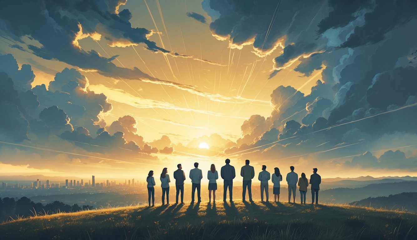 A group of people standing on a hill at sunrise, looking hopeful as light breaks through dark clouds over a distant city, symbolizing patience, judgment, and renewal.