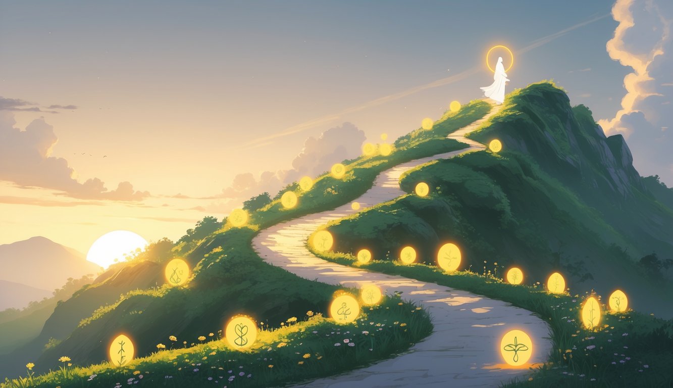 A person walking up a sunlit mountain path surrounded by glowing symbols representing virtues, with a peaceful sky in the background.