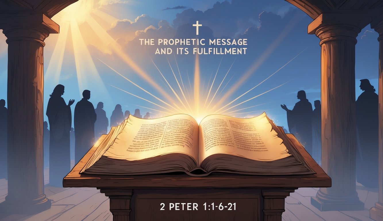 An ancient glowing scroll on a lectern with rays of light shining down, surrounded by biblical figures under a sky transitioning from twilight to dawn.