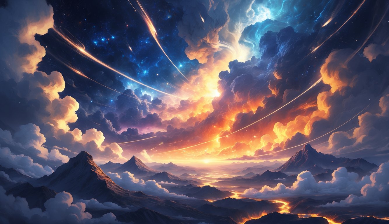 A cosmic sky transforming with fiery clouds above a changing earth with mountains and seas glowing and reshaping.