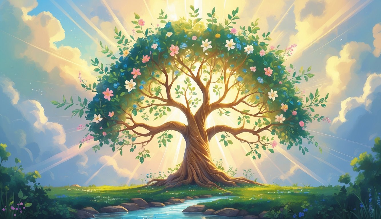 A glowing tree with deep roots and branches full of vibrant leaves and flowers beside a calm stream, illuminated by soft light breaking through clouds.