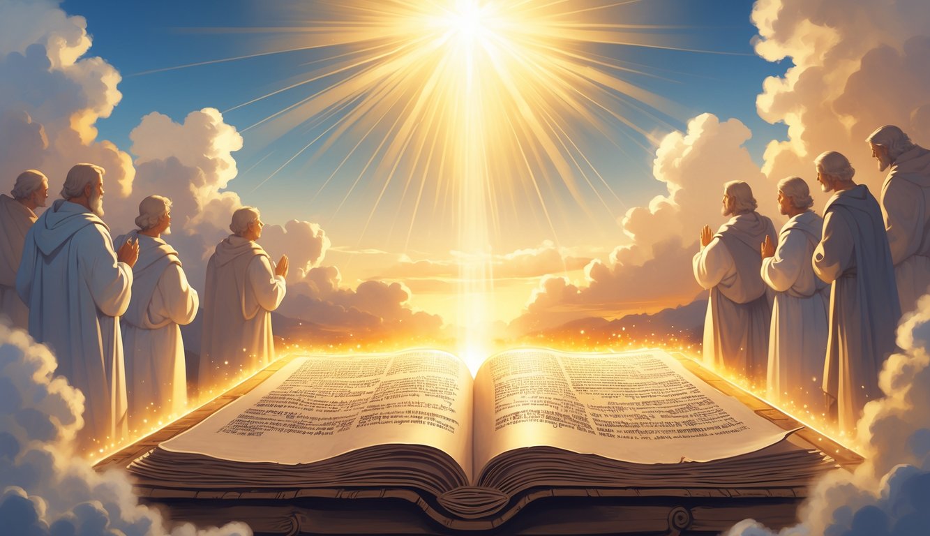 An open ancient scroll glowing with golden light beneath a bright heavenly light shining through clouds, with faint figures of apostles nearby, set against a sky transitioning from dawn to midday.