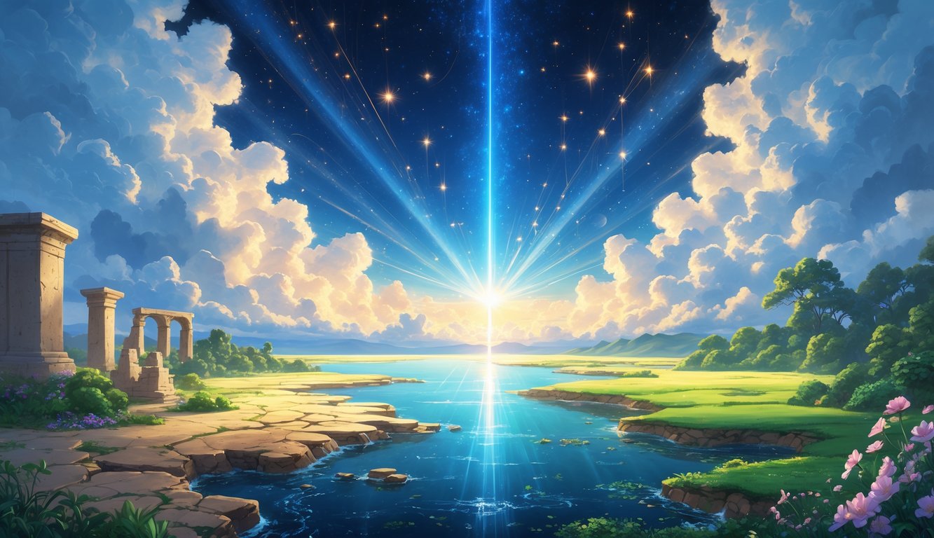 A radiant new earth with flourishing greenery and clear waters beneath a luminous sky filled with stars and glowing clouds, symbolizing renewal and divine promise.