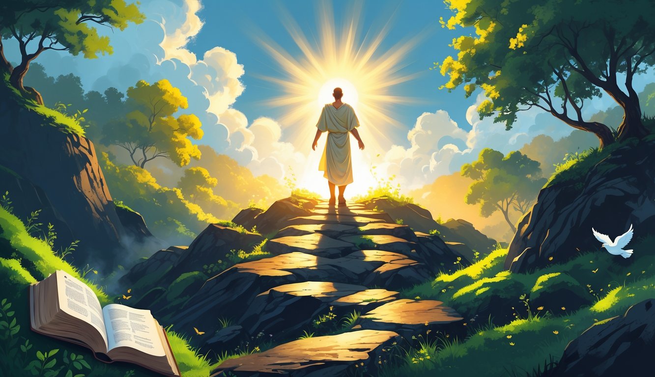 A person walking up a rocky path from a dark valley into a bright, sunlit area with trees and symbols of wisdom around them.