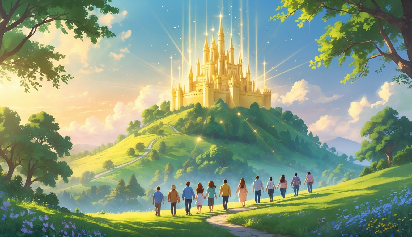 A glowing golden kingdom on a hill surrounded by trees and flowers, with people walking up a path toward it under a bright sky.