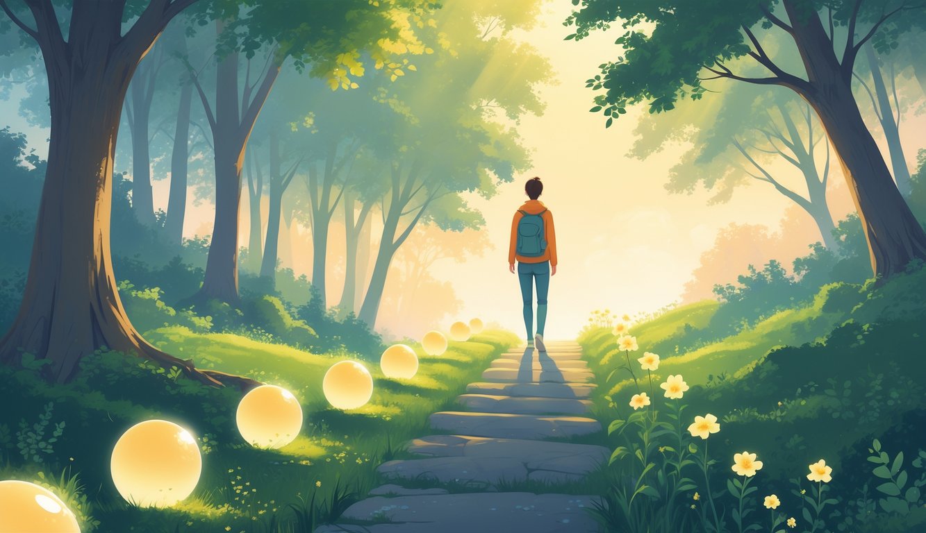 A person walking up a gentle path through a green forest with glowing orbs and blooming flowers symbolizing virtues along the way.