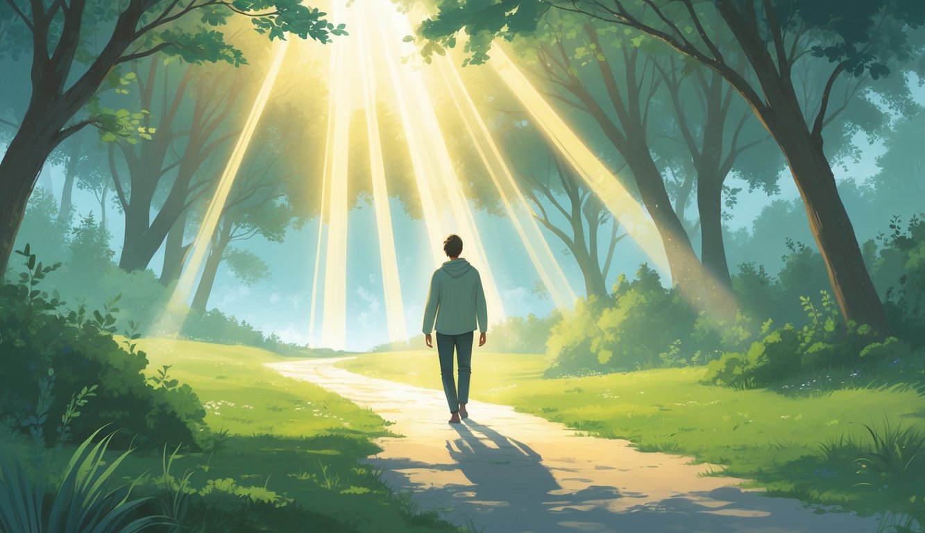 A person walking peacefully along a glowing path of light through a calm natural landscape, surrounded by soft sunlight and greenery.
