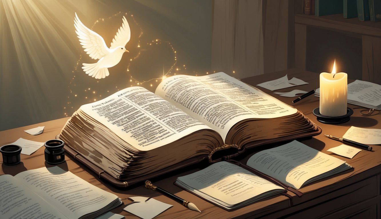An open Bible on a wooden desk with a candle, quill, and inkpot nearby, and a faint dove shape glowing in the background.