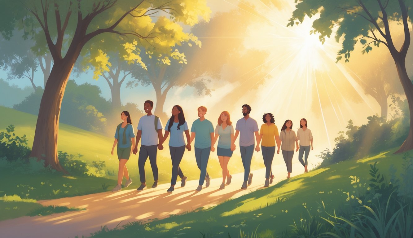 A group of people walking together along a sunlit path surrounded by trees, with a bright light shining ahead symbolizing spiritual fellowship and connection.