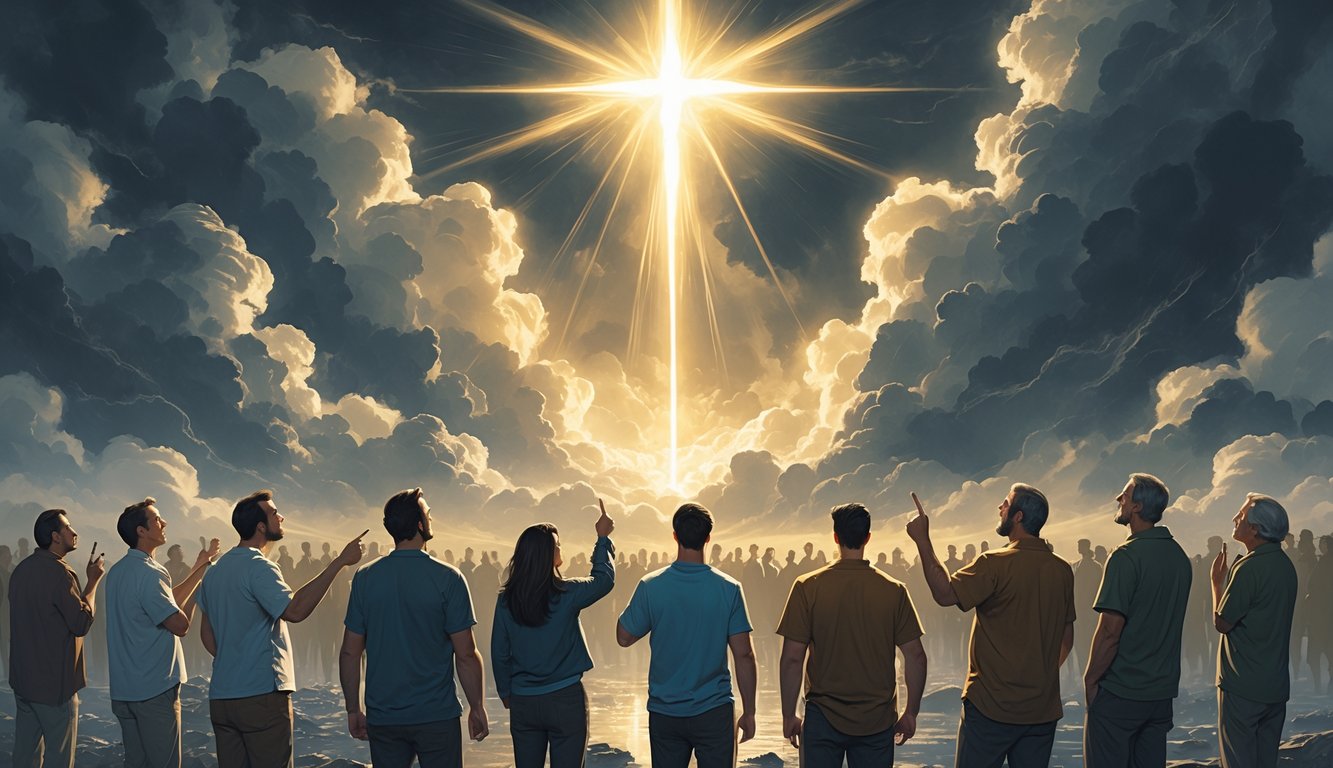 A group of people looking skeptical and dismissive under a stormy sky, with a bright light breaking through clouds and a glowing figure appearing in the distance.