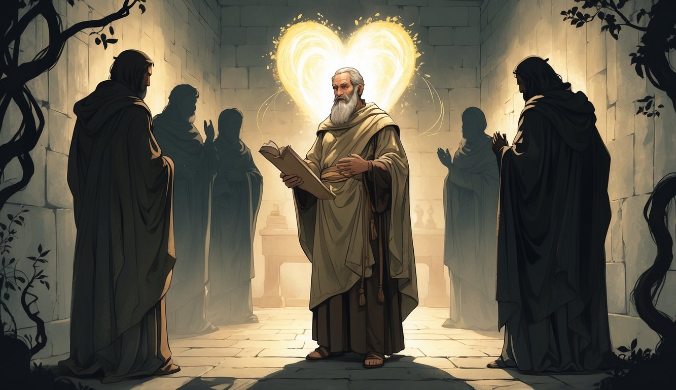 An ancient biblical elder holding a scroll, surrounded by shadowy figures representing false teachers, with a glowing heart symbol and dark vines in a softly lit stone room.