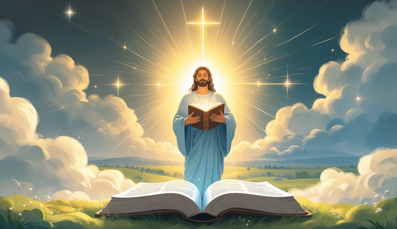 A person holding an open glowing Bible surrounded by soft light and clouds, standing in a peaceful landscape with a bright horizon.
