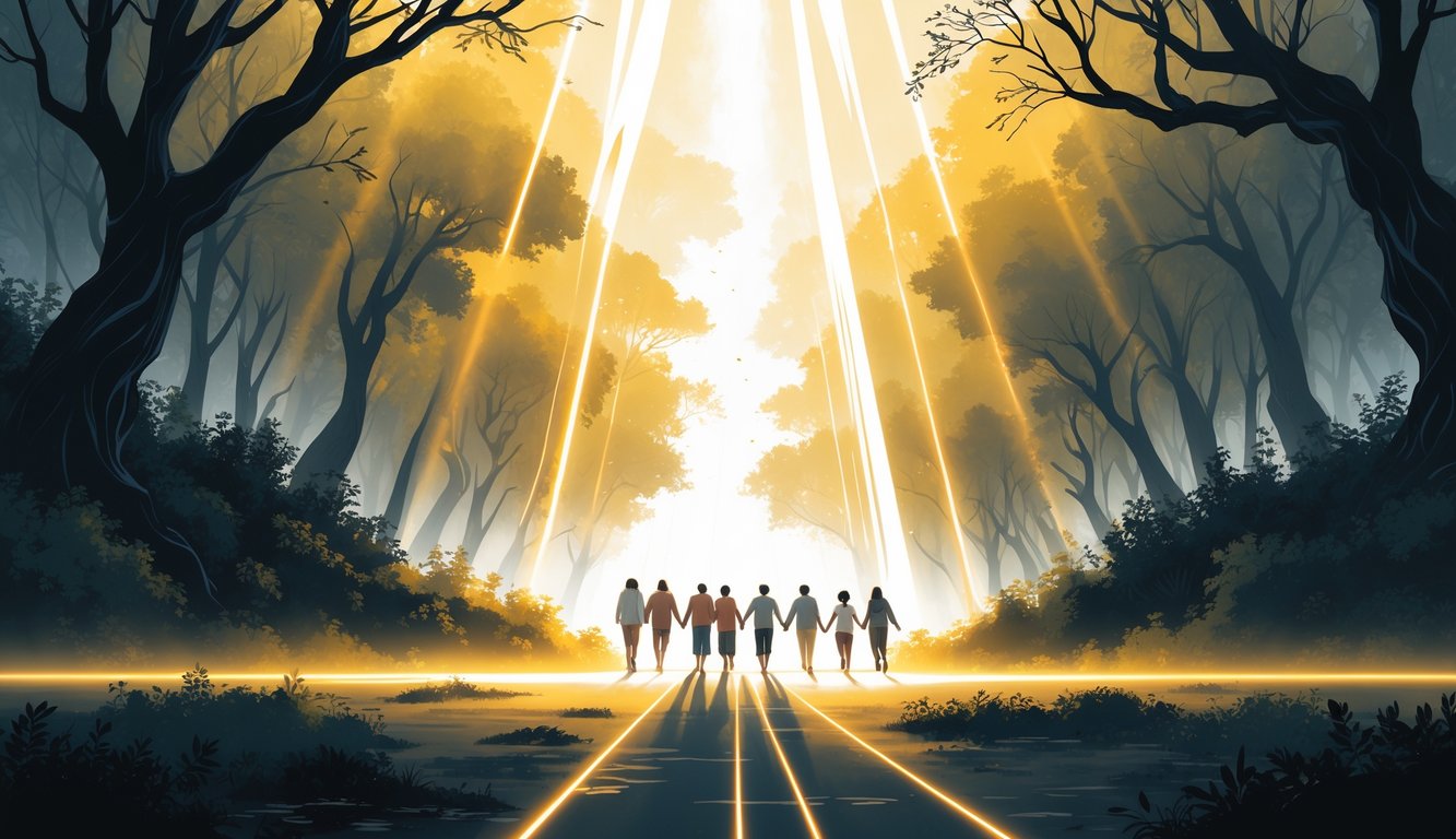 A group of people walking together on a bright lighted path through a dark forest, symbolizing moving from darkness to light and fellowship with God.