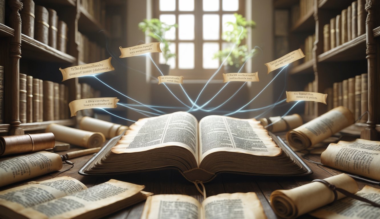 An open ancient Bible with glowing light beams connecting it to floating scrolls and manuscripts in a warm study room filled with books and soft natural light.