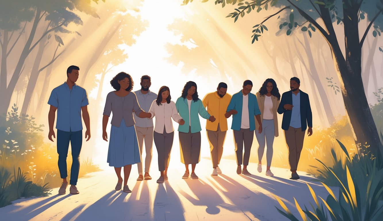 People walking together on a glowing path surrounded by nature, showing expressions of peace and openness, symbolizing forgiveness and spiritual cleansing.