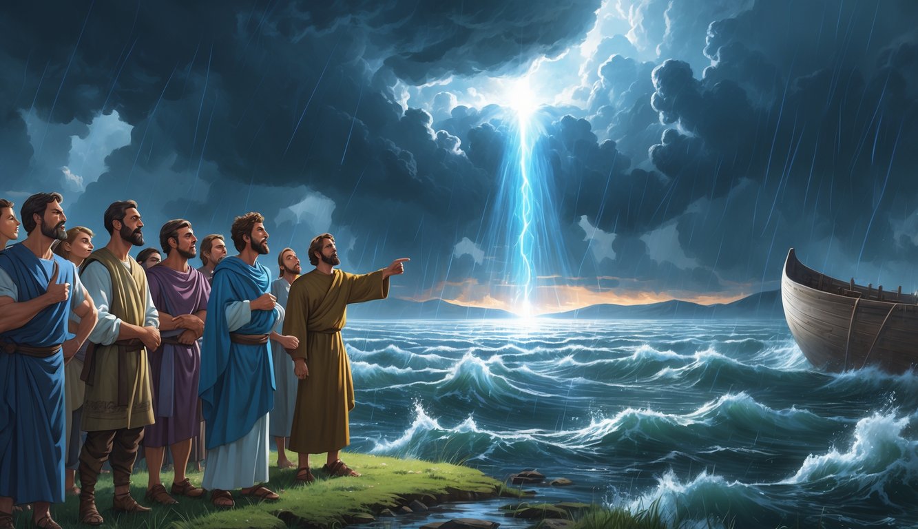 A group of people scoffing while a flood rises behind them, with an ark in the distance and a radiant figure descending from the sky.