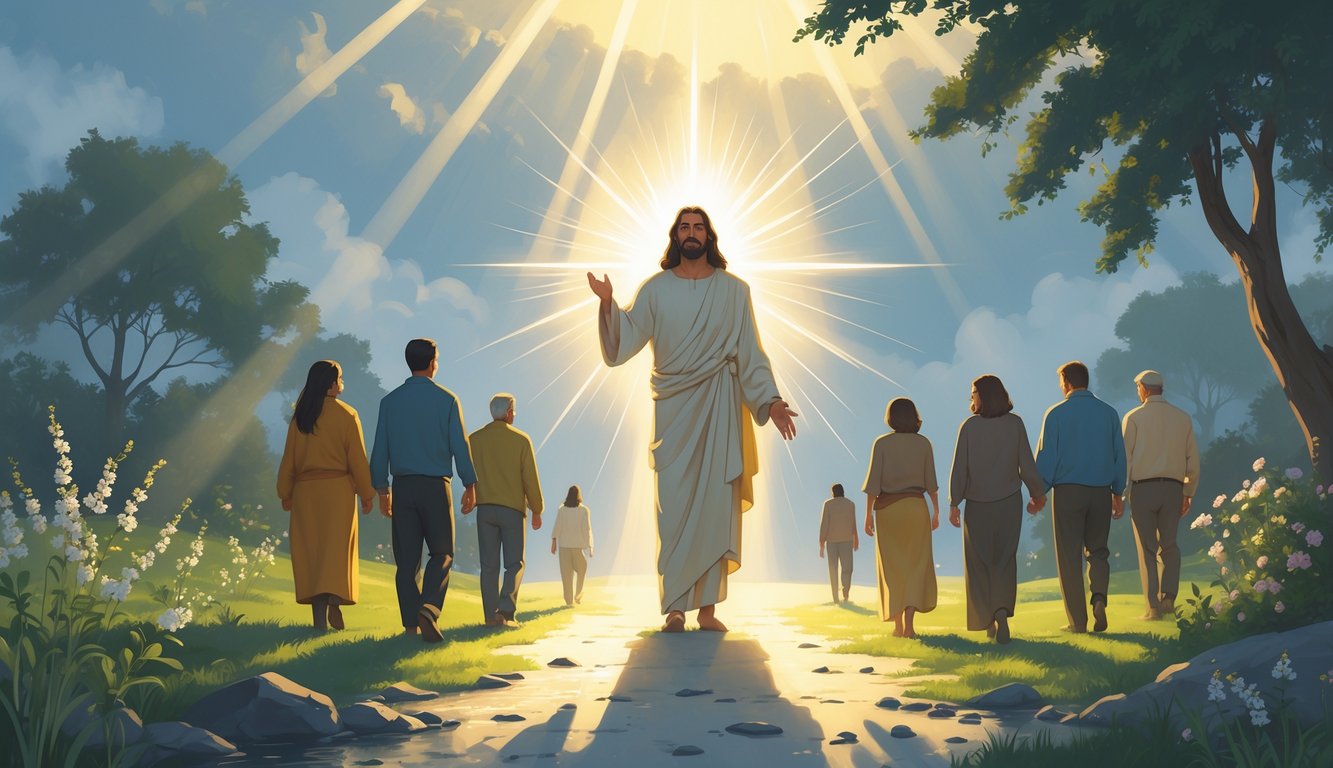 A radiant figure representing Jesus Christ stands in a peaceful natural setting, surrounded by people walking along a light-filled path, symbolizing fellowship with God.