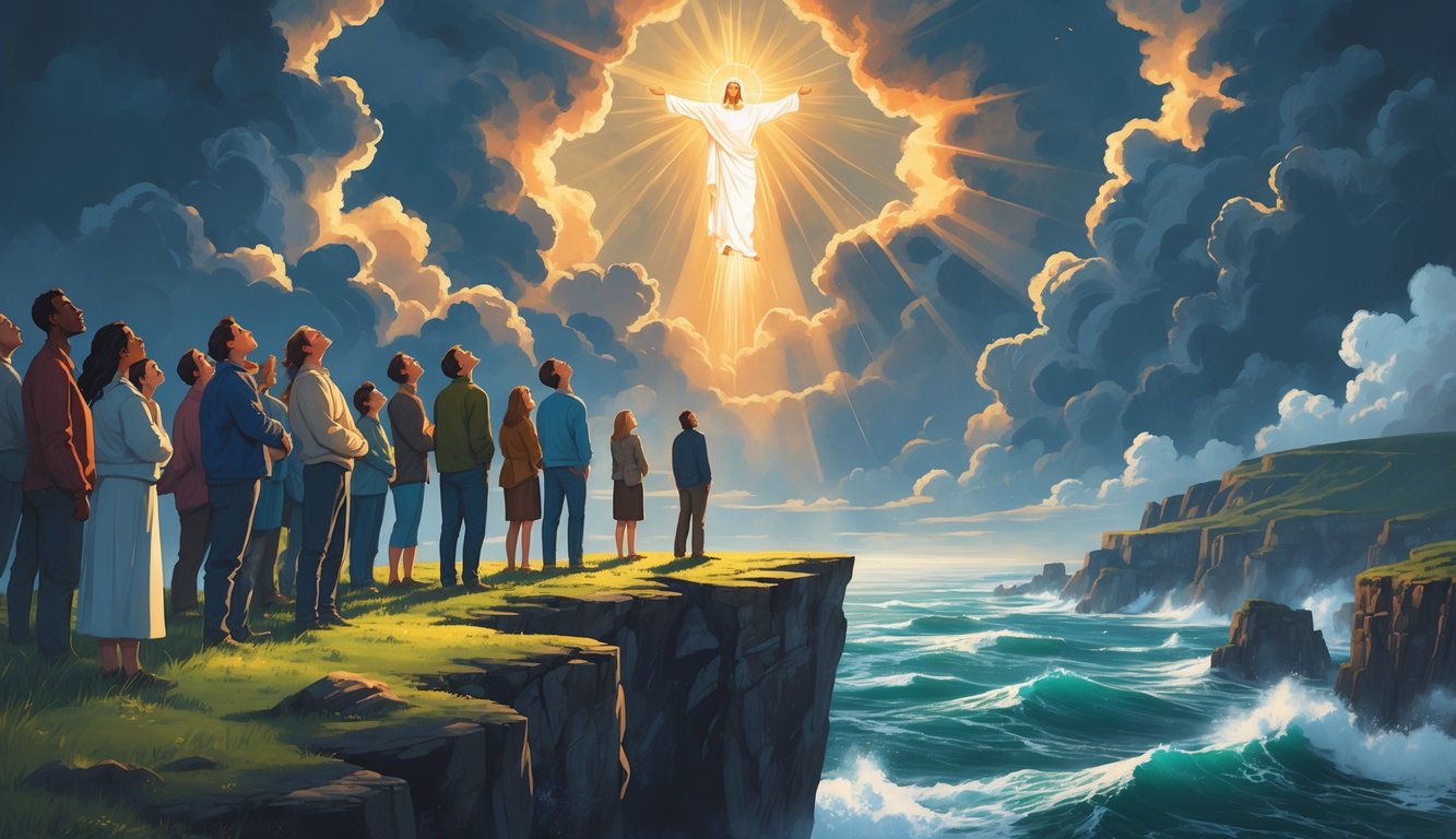 A group of people standing on a cliff looking up as a glowing figure descends from the sky through breaking storm clouds.
