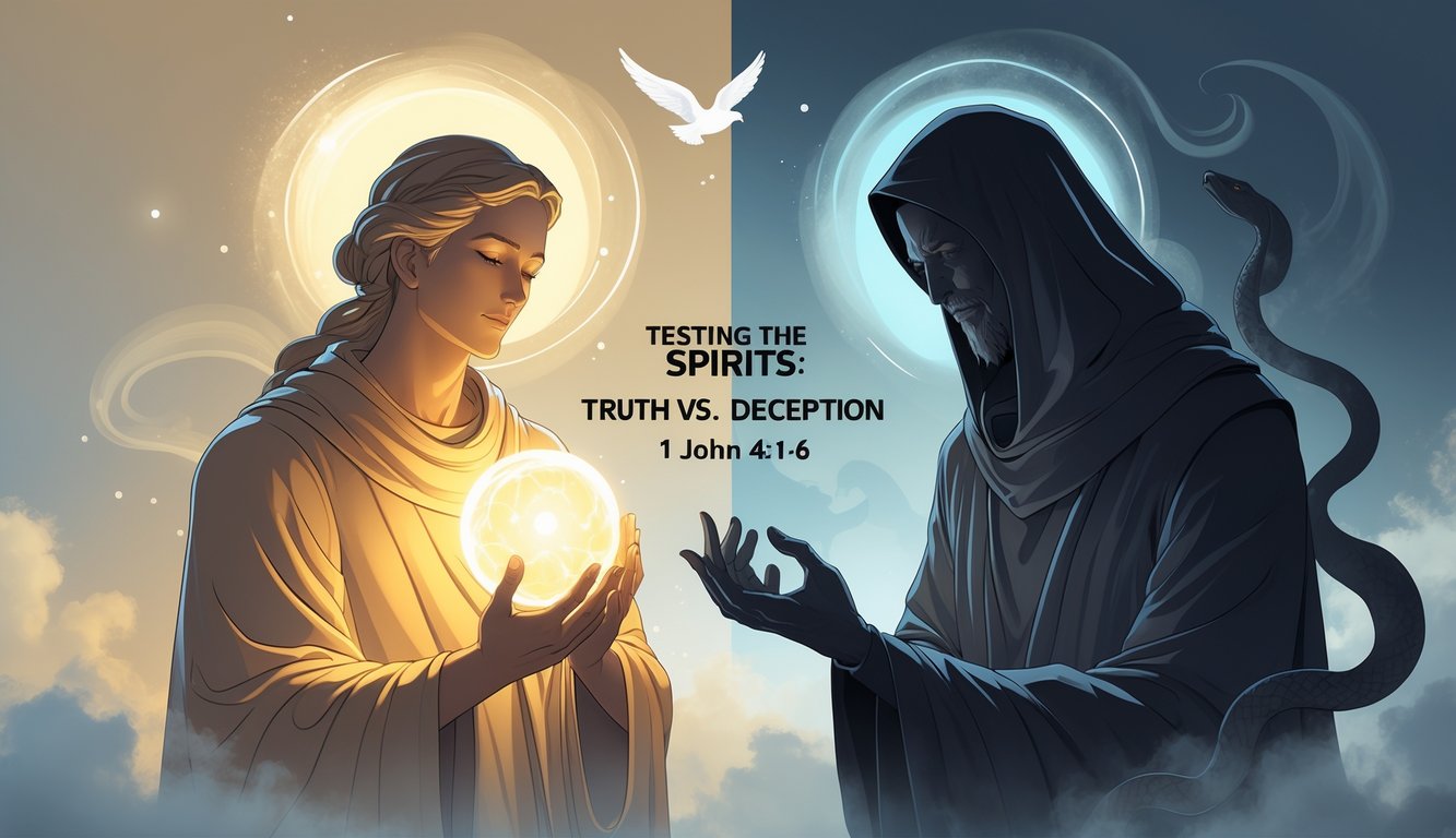 Two contrasting figures representing truth and deception face each other with a glowing orb between them, set in a serene spiritual environment.