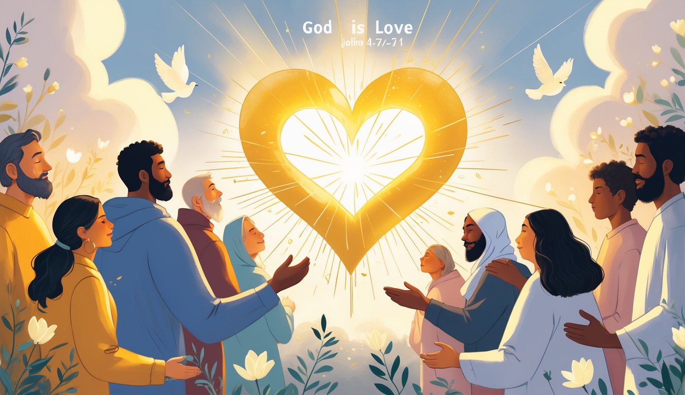 A glowing heart radiates warm light surrounded by diverse people with open arms, doves flying, and peaceful sky with soft clouds.
