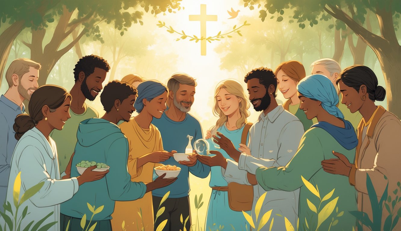 A group of diverse people outdoors showing kindness and care by embracing and helping each other in a peaceful setting.